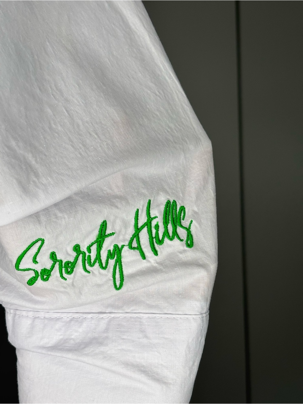 White Alpha Kappa Alpha Button-Up Shirt - Hot Pink & Green appliqué Lettering - Picture 4 of 4